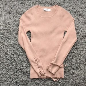 Blush pink Sandro ribbed knit top with tie sleeves
